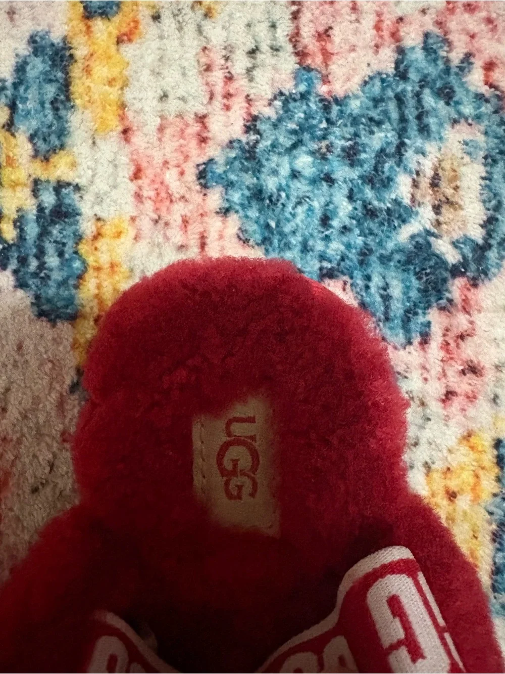 UGG Red Plush Fur Slide Sandals with Branded Strap